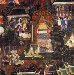 Menge beobachtet Theater- und Puppenaufführungen anlässlich der Beerdigung des Buddha, Detail aus dem Tod des Buddha