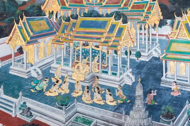 Wandgemälde mit Szenen aus dem Ramayana im Wat Phra Kaeo, dem Königlichen Großen Palast, Bangkok, Thailand