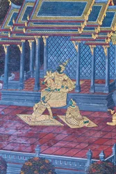 Wandgemälde mit Szenen aus dem Ramayana im Wat Phra Kaeo, dem Königlichen Großen Palast, Bangkok, Thailand