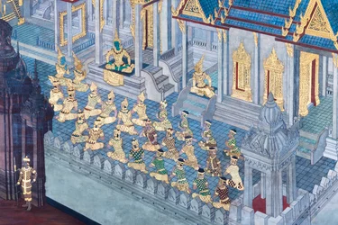 Wandgemälde mit Szenen aus dem Ramayana im Wat Phra Kaeo, dem Königlichen Großen Palast, Bangkok, Thailand