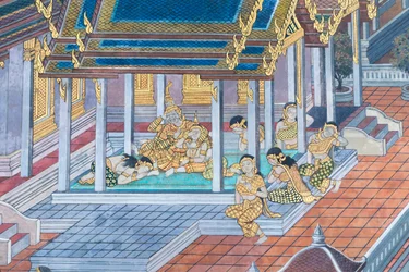 Wandbild mit Szenen aus dem Ramayana im Wat Phra Kaeo, dem Königlichen Großen Palast, Bangkok, Thailand