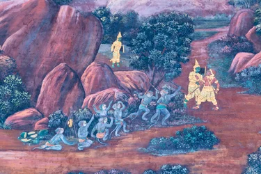 Wandgemälde mit Szenen aus dem Ramayana im Wat Phra Kaeo, Königspalast, Bangkok, Thailand