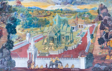 Wandgemälde mit Szenen aus dem Ramayana im Wat Phra Kaeo, dem Königlichen Großen Palast, Bangkok, Thailand