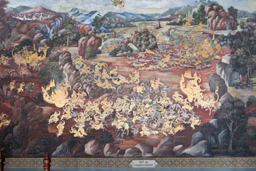 Wandgemälde mit Szenen aus dem Ramakian im Wat Phra Kaeo, dem Königlichen Großen Palast, Bangkok, Thailand