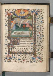Stundenbuch (Gebrauch von Paris): Fol. 118r, Engel und Teufel kämpfen um eine Seele