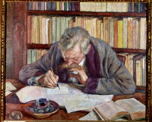 Porträt des belgischen Dichters Emile Verhaeren an seinem Schreibtisch