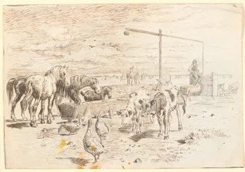 Pferde, Kälber und Gänse am Hollænderbrunnen auf Saltholm