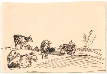 Landschaft mit liegenden und stehenden Kühen