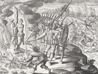 Hinrichtung zweier Payagua-Indianer, die der Tötung von Juan de Ayolas (gest. 1537?) beschuldigt wurden, aus "Newe Welt und Americanische Historien" von Johann Ludwig Gottfried, veröffentlicht von Matthäus Merian, Frankfurt