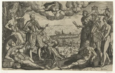 Vergleich zwischen Oranien und Alva, mit der Spanischen Furie im Hintergrund, ca. 1577