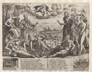 Vergleich zwischen Oranien und Alva, mit im Hintergrund die Spanische Furie, ca. 1577