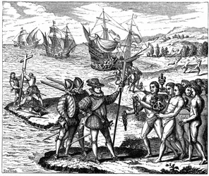 Christoph Kolumbus (1451-1506), genuesischer Entdecker, entdeckt Amerika - 12. Mai 1492. Nach einem Stich von Théodore de Bry, 1590.