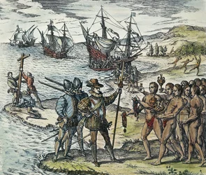 Columbus landet in den Indischen Inseln. 1594 (Holzschnitt)