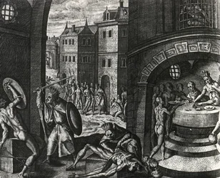 Priester tötet Opfer eines fingierten Kampfes und häutet dann den Körper, Mexiko, Gravur aus Peregrinationes, von Theodor de Bry (1528-1598)