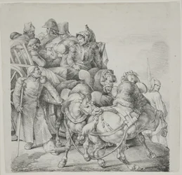 Pferdewagen voller verwundeter Soldaten, Lithographie von C. Motte