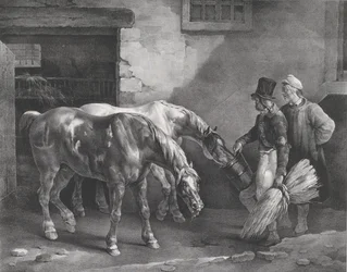 Zwei Postpferde an der Tür eines Stalls (1822)