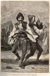 Morlakische Musiker oder Montenegriner aus dem Bezirk Zara in der örtlichen Tracht: weißes Leinenhemd und darüber eine bestickte Weste, ein mit Kupfer und Silber beschlagener Gürtel, bis auf den Lederschuh fallende Beinkleider, und beim Tanz eine Art