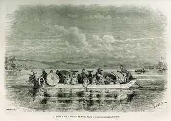 Ein Boot auf dem Fluss von Hue (Vietnam), Zeichnung von Th. Weber, um die Geschichte von acht Tagen Botschaft in Hue (Königreich Annam) in 1875 von Herrn Brossard de Corbigny, Leutnant (N), der Mission zugeordnet, zu illustrieren. Gravur in Le tour du mond