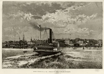 Ankunft in Victoria, Kanada. Gravur von Th.Weber zur Illustration der Geschichte Le Transcanadien et l