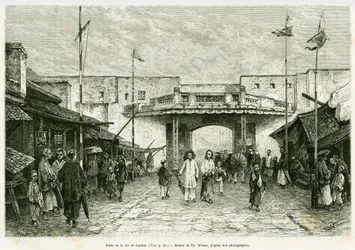Kanton-Straßentor in Hanoi. Gravur von Th. Weber, nach einer Fotografie, zur Illustration der Geschichte „Dreißig Monate in Tonkin“ von Doktor Hocquard, veröffentlicht in Le Tour du monde 1889