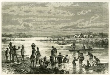 Leben am Ufer des Sambesi-Flusses, die Marutses legen großen Wert auf Sauberkeit und Waschen ist für sie eine Notwendigkeit. Gravur von Th. Weber zur Illustration der Geschichte „Au pays des Marutses“ in den Jahren 1875-1879 von Dr. Emile Holub