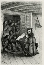 Porträt des reisenden Autors, der Cello spielt und ein neugieriges Publikum anzieht. Gravur von Th. Weber, zur Illustration der Geschichte „Die Wallis-Inseln“ von Dr. Emile Deschamps, veröffentlicht in Le Tour du monde