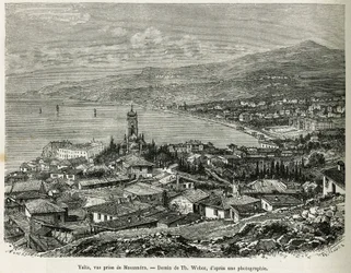 Die Stadt Jalta, von Massandra aus gesehen, Zeichnung von Th. Weber, um die Geschichte Vier Monate in Russland, im Jahr 1876, von F. De Mely zu illustrieren. Gravur in Le tour du monde.