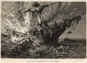 Das Feuer der Cospatrick, ein britisches Schiff mit mehr als 400 Auswanderern nach Neuseeland, am 19. November 1874, graviert nach einer Zeichnung von T. Weber, zur Illustration der Studie von Stürmen und Reisen, von Herrn Zurcher und Herrn Margolle, 1870-