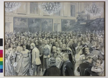 Kaiser Franz Joseph begrüßt Franziska Gräfin Sternberg-Larisch und Maria Theresia Gräfin Harrach Taxis