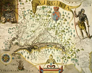 Karte von Virginia mit einem Bild von Häuptling Powhatan von John Smith, 1624