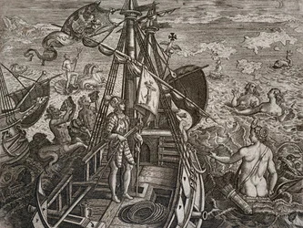 Allegorie auf die Reise von Christoph Kolumbus zur Entdeckung der Neuen Welt, Kupferstich von Theodor de Bry (1528-1598)