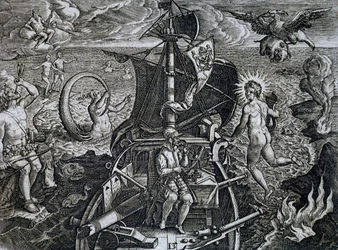 Allegorie der Reisen von Ferdinand Magellan (1480-1521), Stich von Theodor de Bry (1528-1598)