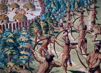 Angriff auf ein Dorf mit brennenden Pfeilen, Stich aus Narratio In Floridae