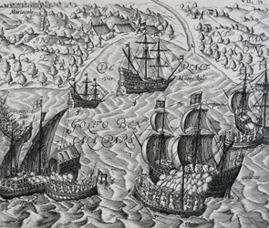 Schlacht vor der Stadt Matical in der Bucht von Bengalen, Stich aus Indiae Orientalis, von Theodor de Bry (1528-1598)