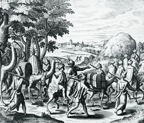 Karawane arabischer Händler von Aleppo nach Basra, Stich aus Grands und Petits Voyages von Theodor de Bry, Naher Osten