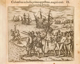 Christoph Kolumbus landet am 12. Oktober auf der Insel Guanahani (San Salvador)