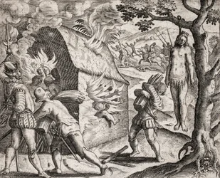 Beschreibung der von spanischen Siedlern an Indianern verübten Verbrechen - Brand eines Indianerdorfes durch die Konquistadoren. Hängen - Gravur von Theodore de Bry in „Narratio regionum indicarum per Hispanos quosdam devastatarum verissima“ von Bartolome 