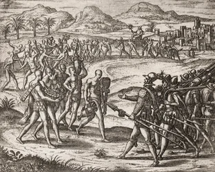 Beschreibung der von spanischen Siedlern an Indianern verübten Verbrechen - Indianer bringen Geschenke und Gold zu den Konquistadoren - Gravur von Theodore de Bry in „Narratio regionum indicarum per Hispanos quosdam devastatarum verissima“ von Bartolome de