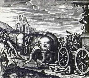 Gläubige werden während der Prozession des Idols von einem Wagen zerquetscht, von Theodor de Bry, Stich