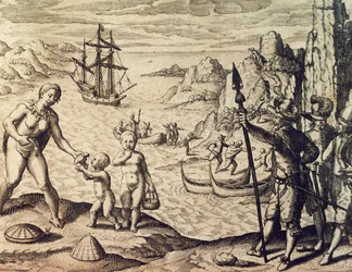 Niederländischer Kapitän Sebalt de Weert landet an der Küste von Guiana, aus Historia americae, von Theodor de Bry, Frankfurt