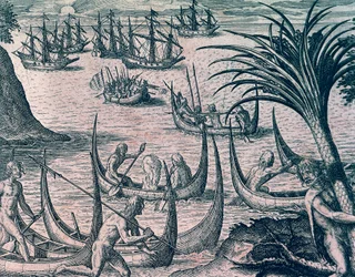 Niederländische Schiffe in der Magellanstraße, Stich aus American History von Theodore de Bry, Frankfurt