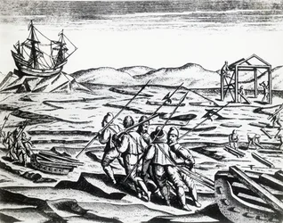 Expedition unter der Leitung von William Barents (ca. 1550-1597) auf der Suche nach der Nordostpassage, aus Peregrinationes, von Theodor de Bry (1528-1598), Stich