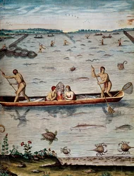 Fischtechniken der Eingeborenen in Virginia, Stich von Theodor de Bry aus Admiranda narratio trust tamen, commodis et de incolarvm ritibvs Virginae