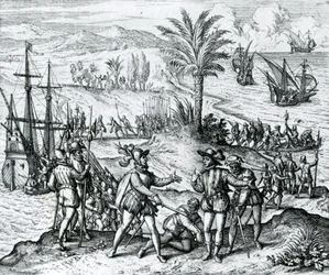 Francisco de Bobadilla kommt als Gouverneur an und verhaftet Christoph Kolumbus (1451-1506) in Hispaniola, 1500, 1590