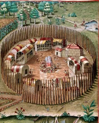 Darstellung der befestigten Stadt Pomeiock oder Pomeiooc in Virginia im Jahr 1585. Gravur aus „Admirante Narratio Americae“ von Theodore de Bry (1528-1598)