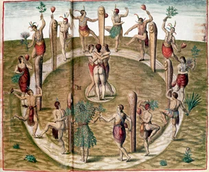 Ritualtanz zur Feier der Freundschaft. Gravur von Theodore de Bry (1528-1598). 16. Jahrhundert. Vincennes, Historisches Marinemuseum