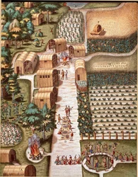 Der Garten der Stadt Secota in Virginia. Gravur aus „Admirante Narratio Americae“ von Theodore de Bry (1528-1598)