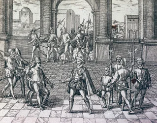 Inka-Kaiser Atahualpa wird von Spaniern in Cajamarca, Peru, gefangen genommen, Stich aus American History von Theodore de Bry, Frankfurt