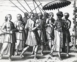 Einwohner von Sumatra, von Theodor de Bry, Stich