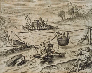 Indianer fahren Stromschnellen hinunter